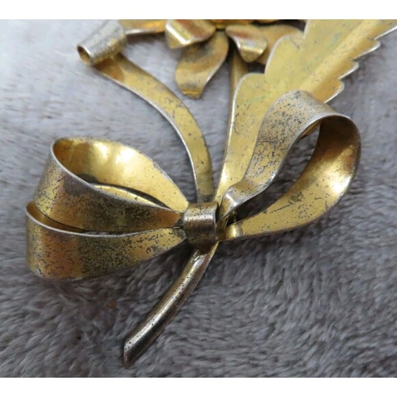 Vintage 1940s Art Deco Metal Lapel Pin Red Stones Retro Flower Floral - Picture 3 of 8